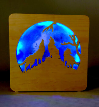 Lampada LED in legno "Three wolves and moon"