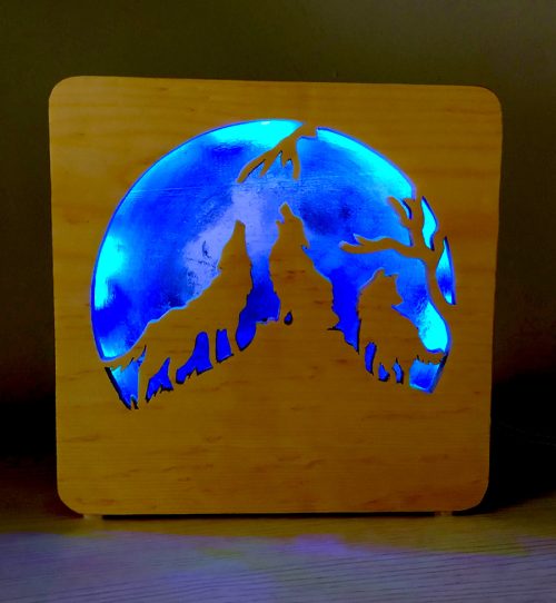 Lampada LED in legno "Three wolves and moon"