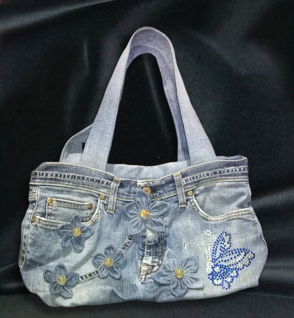 Borsa Di Jeans Decorata Con Motivo Floreale Fatto A Mano