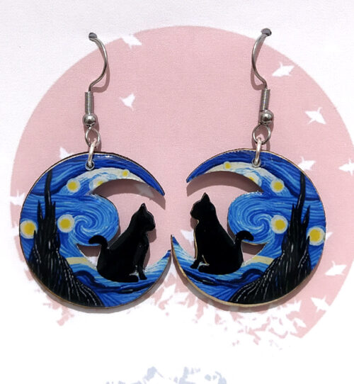 orecchini luna gatto notte stellata in legno